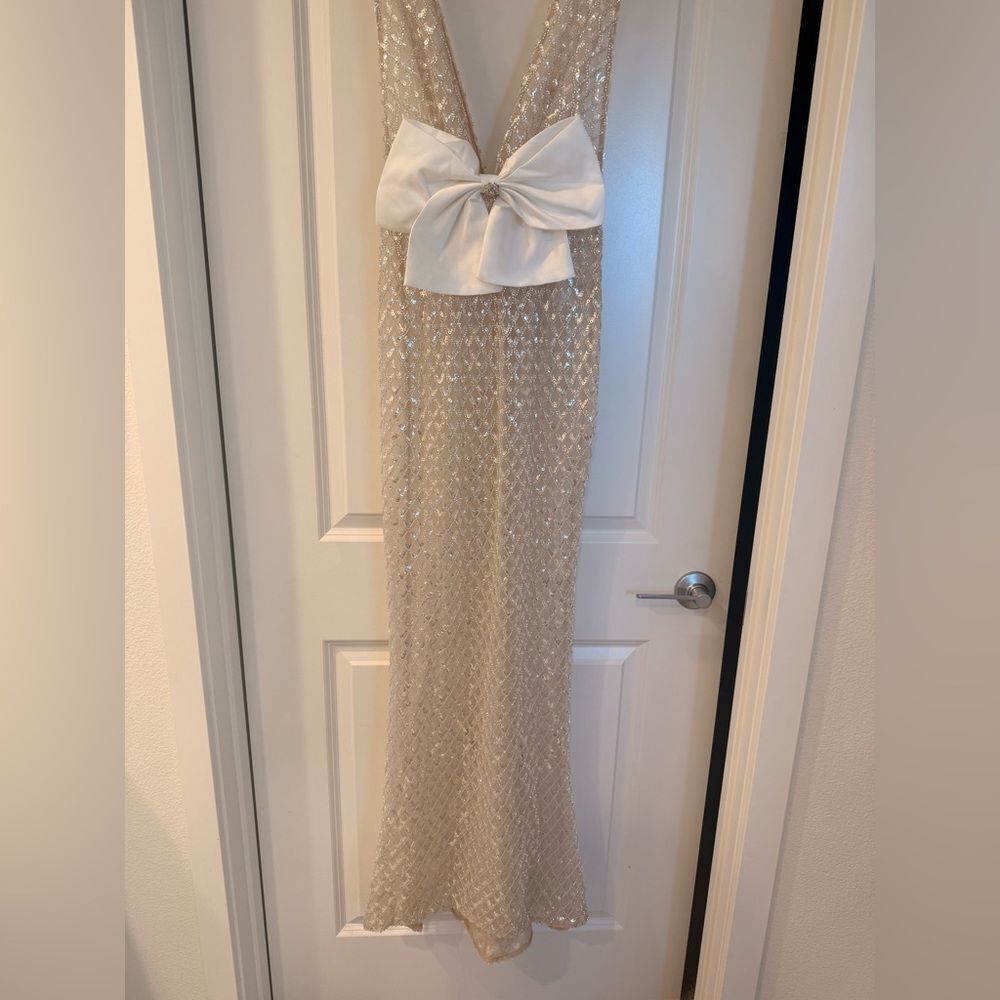 NWOT BRONX AND BANCO Liora Bridal Gown , Elegant Silver Evening Gown with Bow - Picture 9 of 16